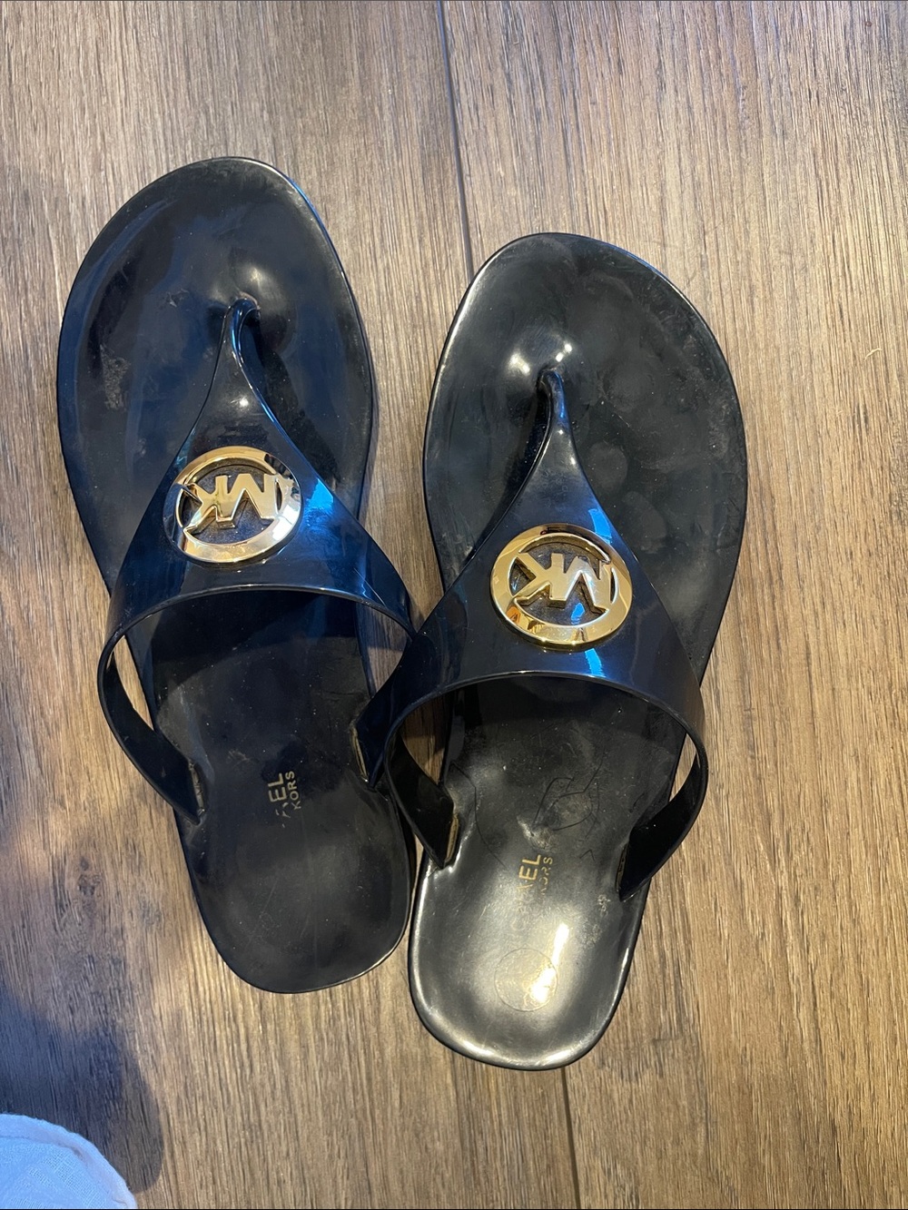 Michael Kors Black Jelly Thong Sandals with Gold Logo